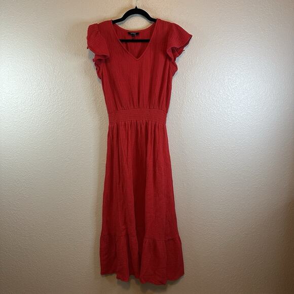 MSK MIDI dress Women’s Cotton Gauzy Size L Red Summer Lightweight Split Flutter - Picture 1 of 7